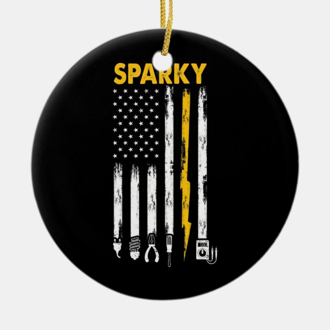 Mens Electrician US Flag Sparky Tools  Ceramic Ornament (Front)
