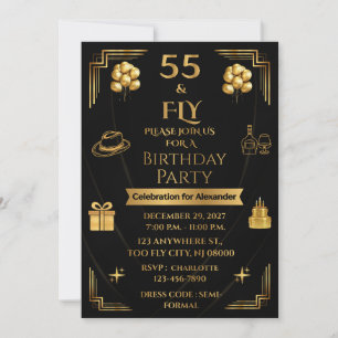 Men's Elegant 55 & FLY 5X7 gold onyx birthday Invitation