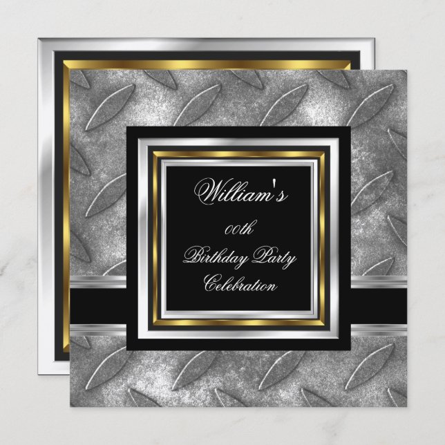 Men's Elegant Black Gold Silver Birthday Metal Invitation (Front/Back)