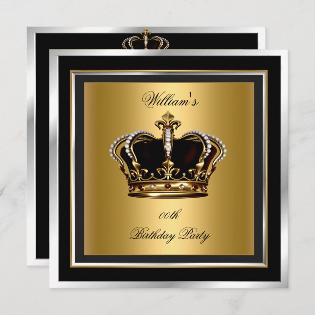 Men's Elegant Black Silver Birthday Party Crown Invitation (Front/Back)