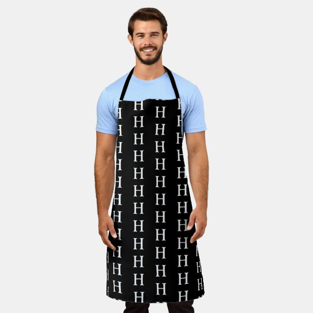 Men's Elegant Black White Modern Monogram Simple Apron (Worn)