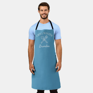 Men's Elegant Blue Chef Name Modern Grillmaster Apron