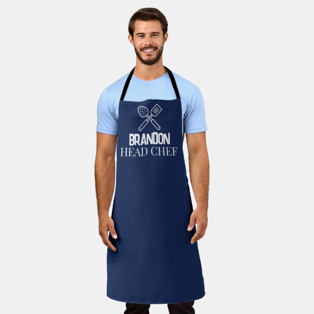 Men's Elegant Blue Chef Name Modern Simple Apron (Worn)