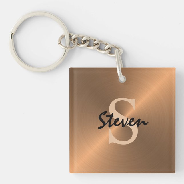 Mens Elegant Bronze Gold Script Monogram Key Ring (Front)