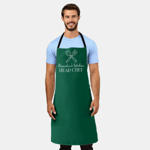Men's Elegant Emerald Green Chef Name Modern Apron