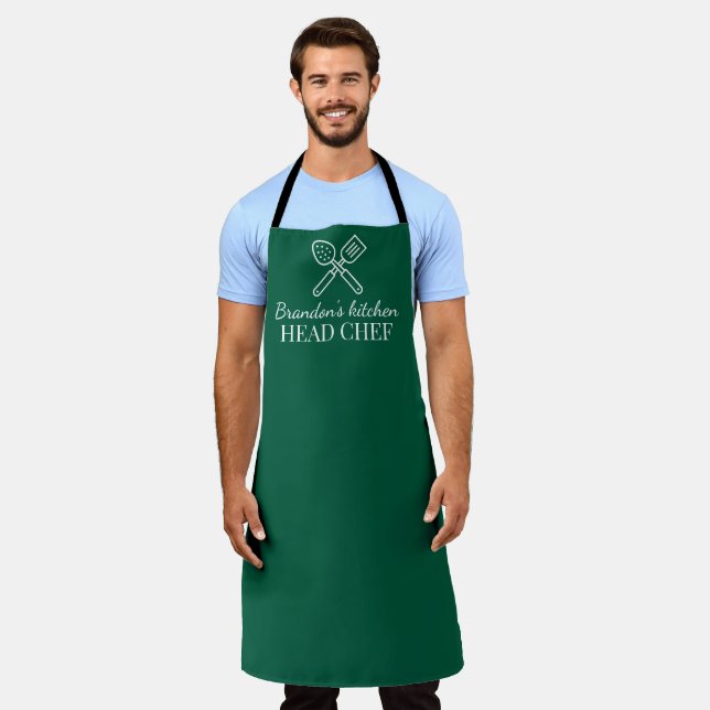 Men's Elegant Emerald Green Chef Name Modern Apron (Worn)