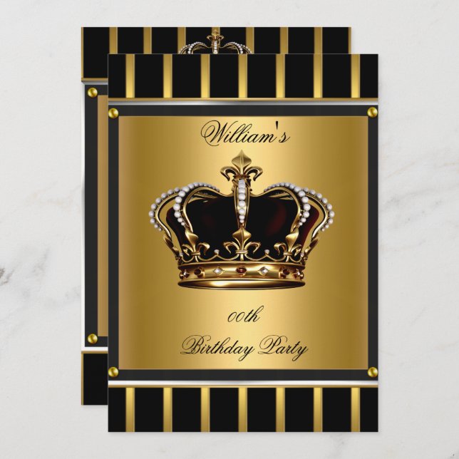 Men's Elegant Gold Black Stripe Birthday Crown 2 Invitation (Front/Back)