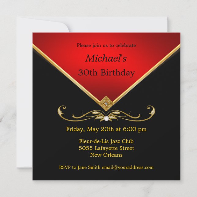 Men's Elegant Gold Red Birthday Party Invitations (Front)