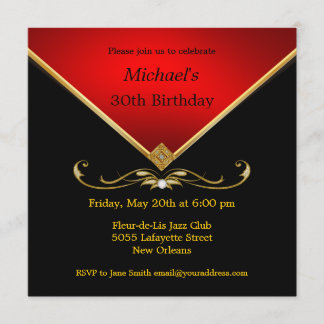 Men's Elegant Gold Red Birthday Party Invitations