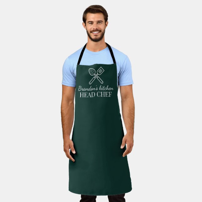 Men's Elegant Green Chef Name Modern Simple Apron (Worn)