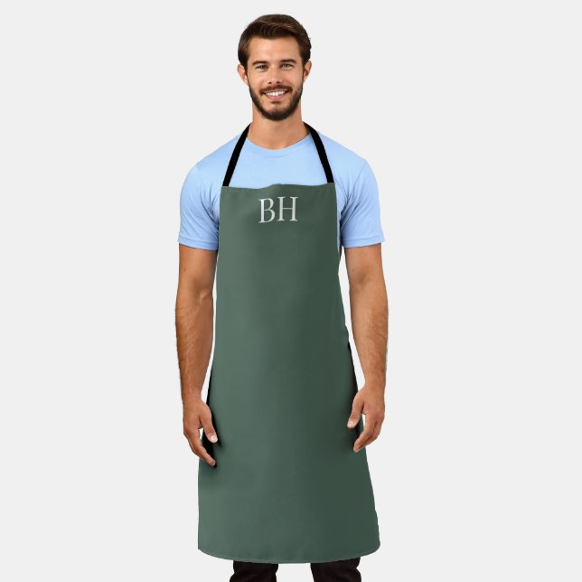 Men's Elegant Green Monogram Modern Simple Apron (Worn)