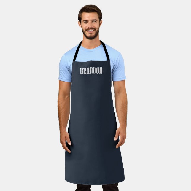 Men's Elegant Navy Blue White Name Modern Simple Apron (Worn)