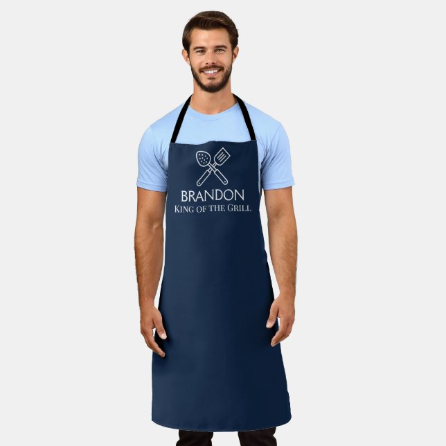 Men's Elegant Navy Chef Name Modern Grill BBQ Apron (Worn)