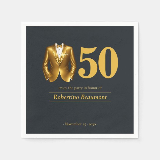 Men's Elegant Tuxedo Gold Black 50th Birthday Napkin (Front)