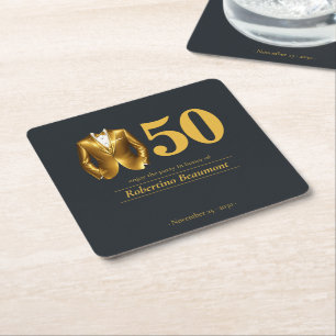 Men's Elegant Tuxedo Gold Black 50th Birthday Square Paper Coaster