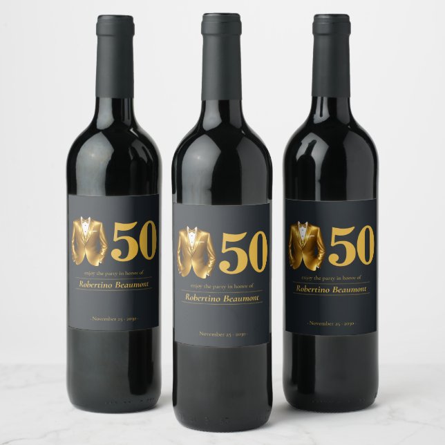 Men's Elegant Tuxedo Gold Black 50th Birthday Wine Label (Bottles)