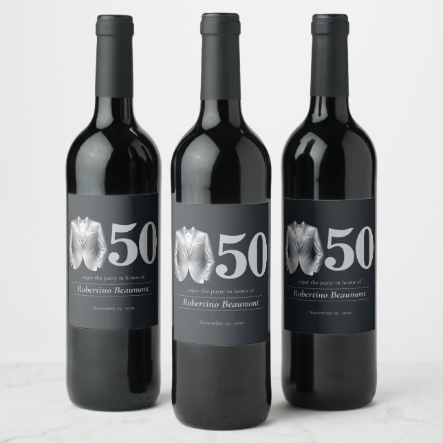 Men's Elegant Tuxedo Silver Black 50th Birthday Wine Label (Bottles)