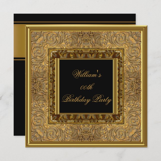 Mens Elegant Wooden Look Gold Birthday Party Invitation (Front/Back)