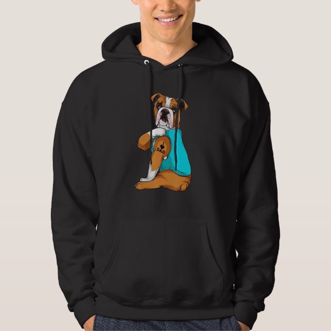 Mens English Bulldog I Love Dad Tattoo Apparel Dog Hoodie (Front)