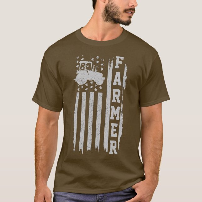Mens Farmer American Flag Tractor Patriotic Farm T-Shirt (Front)