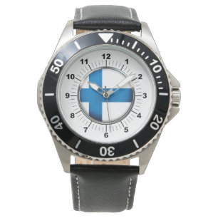 Men's Finland Flag Black Leather Strap Watch