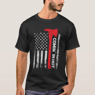 Mens Firefighter Comin´ in hot red line us flag Fi T-Shirt
