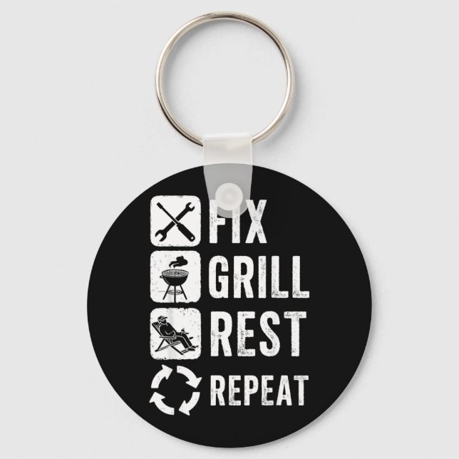 Mens Fix Grill Rest Repeat Routine Funny Bbq Key Ring (Front)