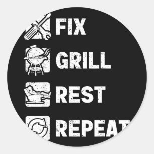 Mens fix grill rest repeat routine funny fathers classic round sticker