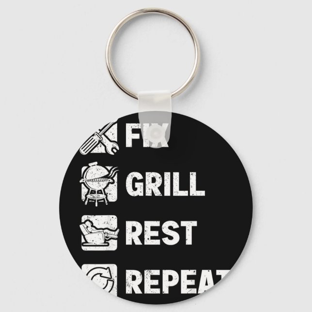 Mens fix grill rest repeat routine funny fathers key ring (Front)