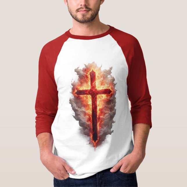Men's Flaming Christian Cross Baseball Tee (Front)