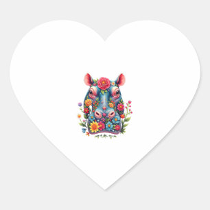 Mens Floral Colourful Hippopotamus, Moo Deng_ Ador Heart Sticker