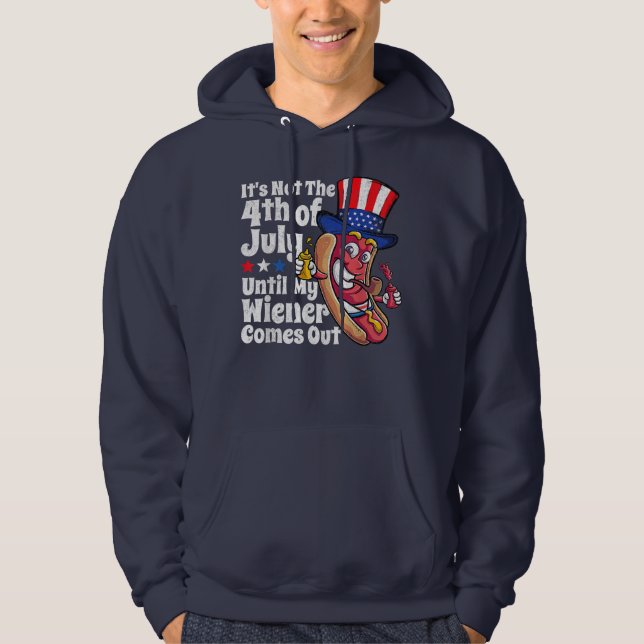 Mens Funny 4th of July Hotdog Wiener Comes Out Hoodie (Front)