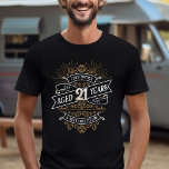 Mens Funny Whiskey 21st Birthday T-Shirt<br><div class="desc">Celebrate the big 2-1 with style and humour with this vintage whiskey label-inspired birthday design. The black, gold, and white typography is ornate and elegant, giving it a classic retro vintage feel. Perfect for man (or woman!) in your life who loves their scotch, spirits, bourbon, and other liquor drinks. Features...</div>