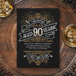 Mens Funny Whiskey 90th Birthday Invitation<br><div class="desc">Celebrate the big 9-0 with style and humour with this vintage whiskey label-inspired birthday design. The black, gold, and white typography is ornate and elegant, giving it a classic retro vintage feel. Perfect for man (or woman!) in your life who loves their scotch, spirits, bourbon, and other liquor drinks. Features...</div>