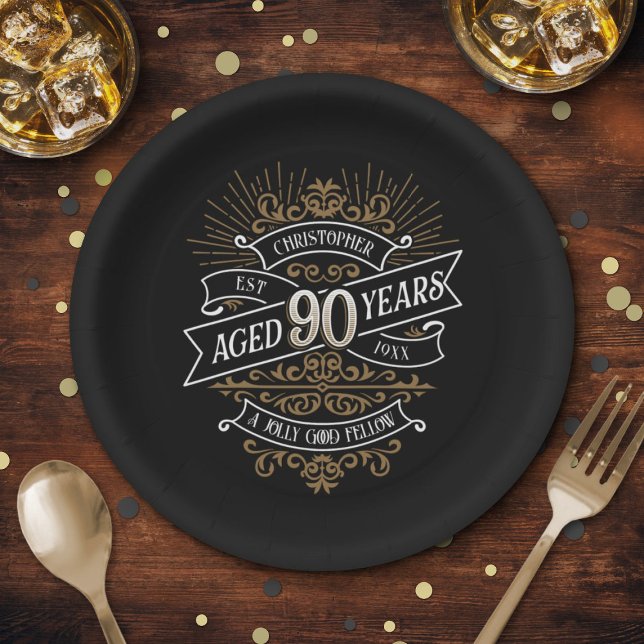Mens Funny Whiskey 90th Birthday Paper Plate (Creator Uploaded)