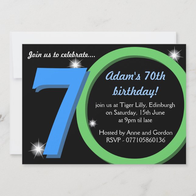 Mens Green / Blue Seventieth 70th Birthday Party Invitation (Front)