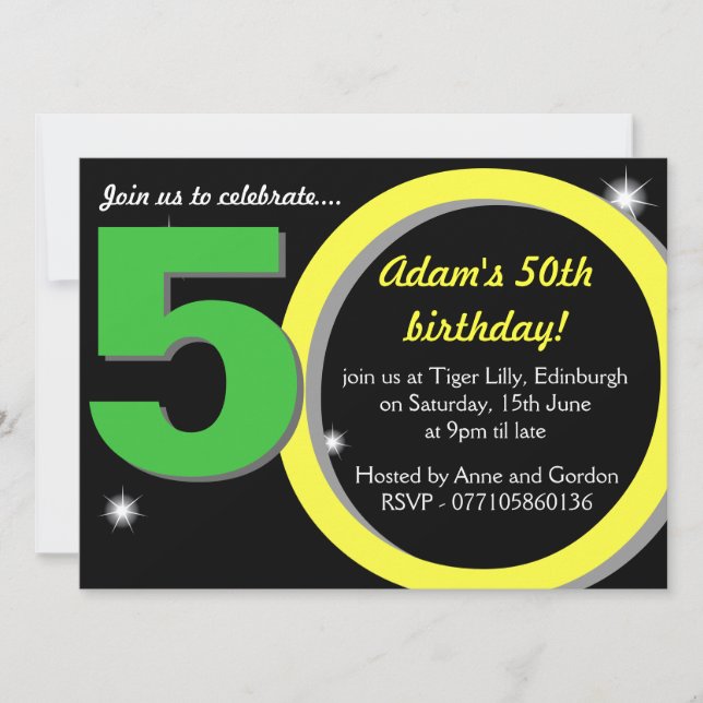 Mens Green / Yellow Fiftieth 50th Birthday Party Invitation (Front)