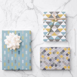 Men's Grey Gold Blue set of 3 Wrapping Paper Sheet