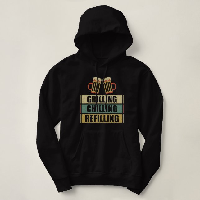 Mens Grilling Chilling Refilling Funny Barbecue Pu Hoodie (Design Front)