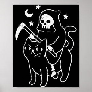 Mens Grim Reaper Riding A Cat Lazy Halloween Poster
