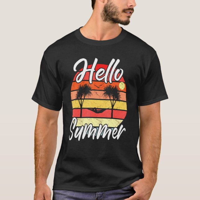 Mens Hello Summer - Palm Trees Hammock Retro Sunse T-Shirt (Front)
