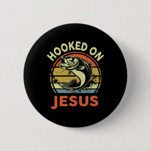 Mens Hooked On Jesus Christian Fishing-shirt Funny 6 Cm Round Badge