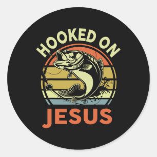 Mens Hooked On Jesus Christian Fishing-shirt Funny Classic Round Sticker