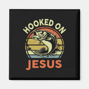 Mens Hooked On Jesus Christian Fishing-shirt Funny Magnet