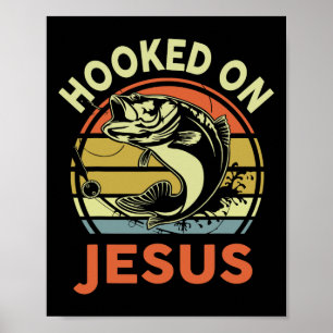 Mens Hooked On Jesus Christian Fishing-shirt Funny Poster