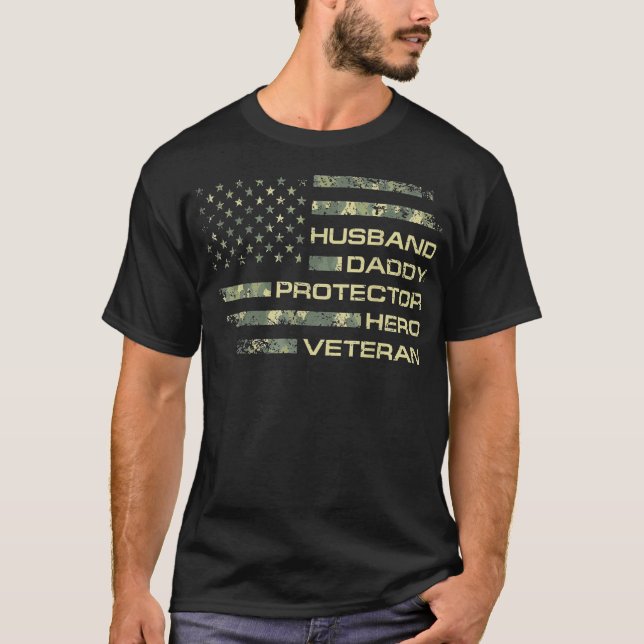 Mens Husband Daddy Protector Hero Veteran Usa Flag T-Shirt (Front)