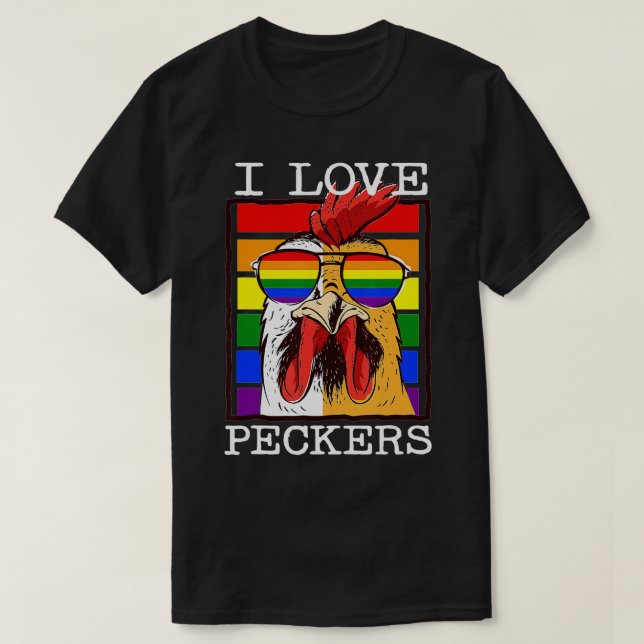 Mens I Love Peckers Rooster Gay LGBT Rainbow Chick T-Shirt (Design Front)