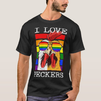 Mens I Love Peckers Rooster Gay LGBT Rainbow Chick T-Shirt