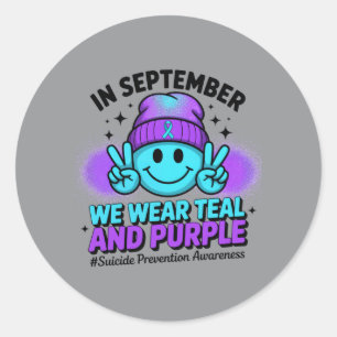 Mens In September Wear Teal And Purple Prevention Classic Round Sticker