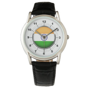 Men's India Flag Crown Black Leather Strap Watch